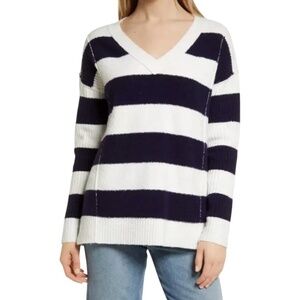 CASLON Cotton Blend Navy / Cream Stripe Vee Neck Pullover Sweater US Sz M